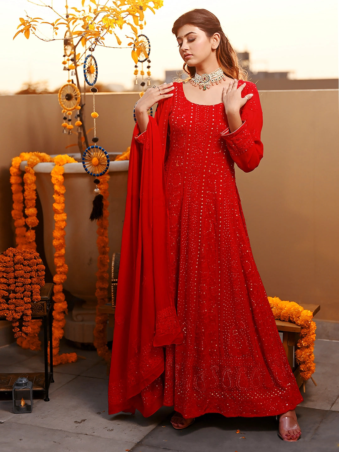 Red Shifa Viscose Chikankari Anarkali with Dupatta