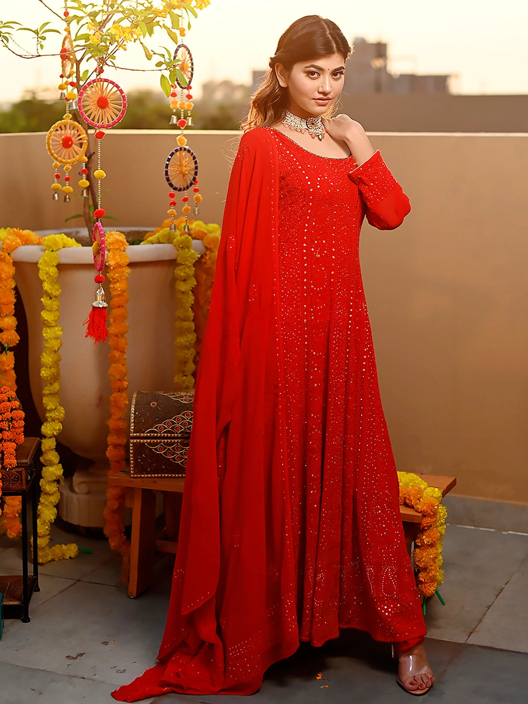 Red Shifa Viscose Chikankari Anarkali with Dupatta
