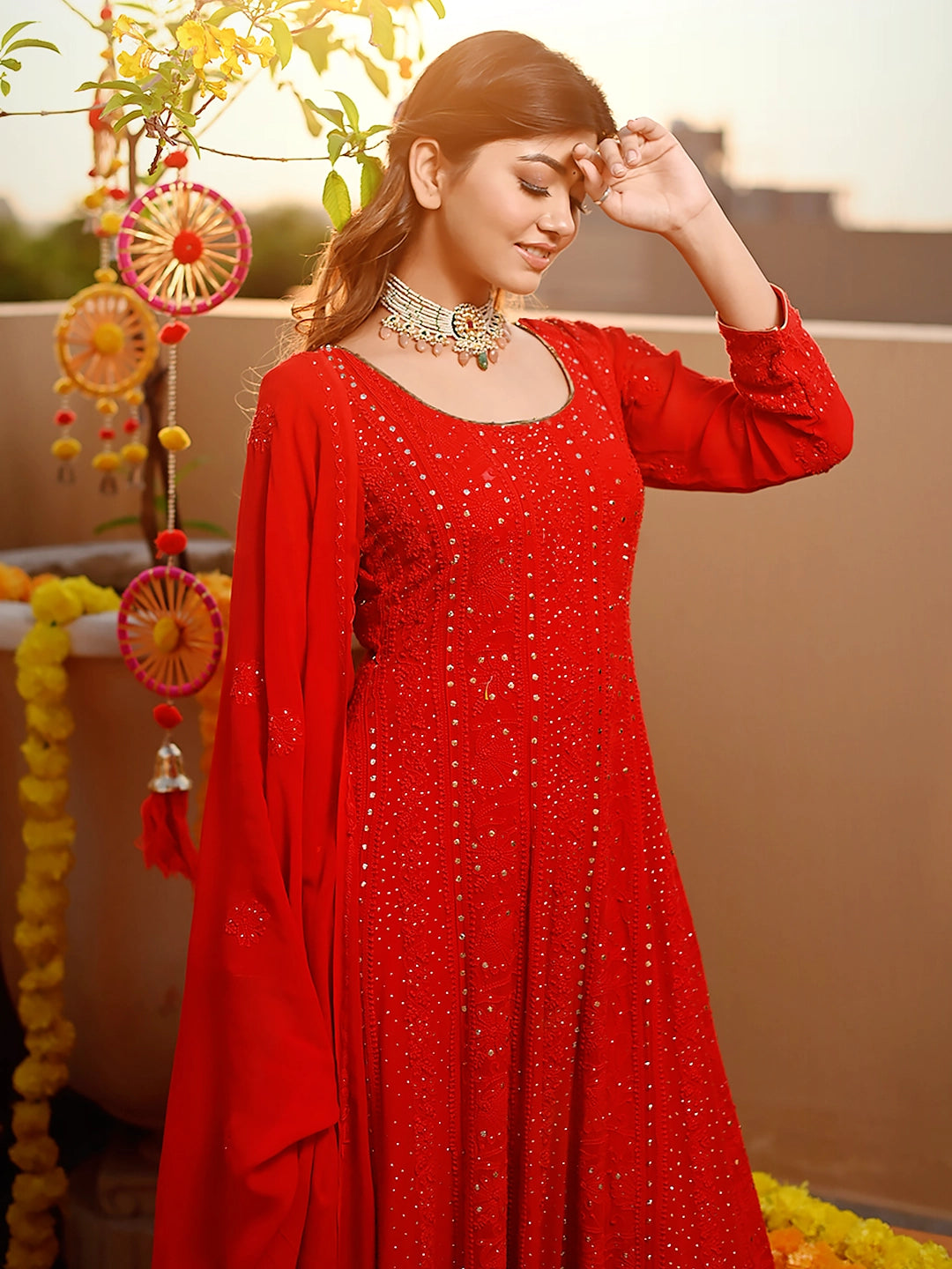 Red Shifa Viscose Chikankari Anarkali with Dupatta