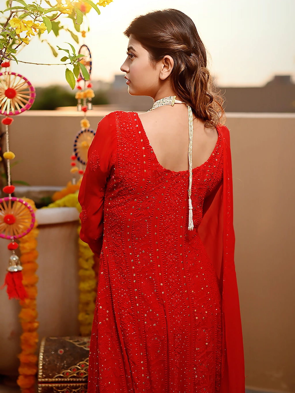 Red Shifa Viscose Chikankari Anarkali with Dupatta