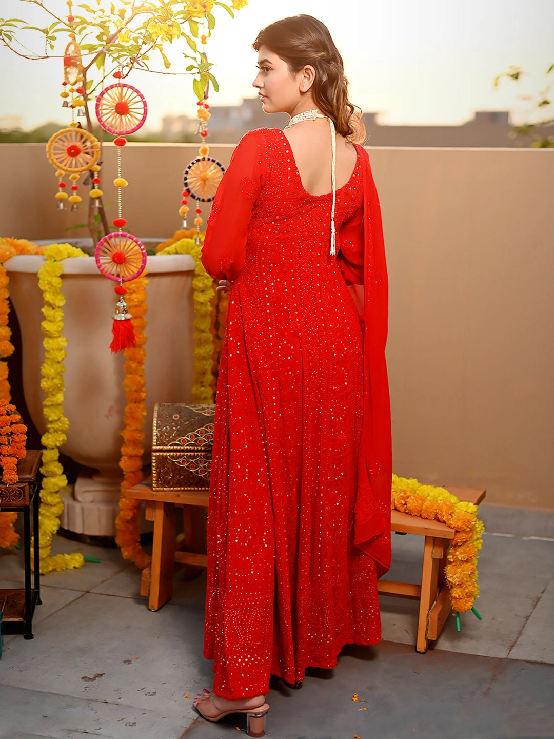Red Shifa Viscose Chikankari Anarkali with Dupatta