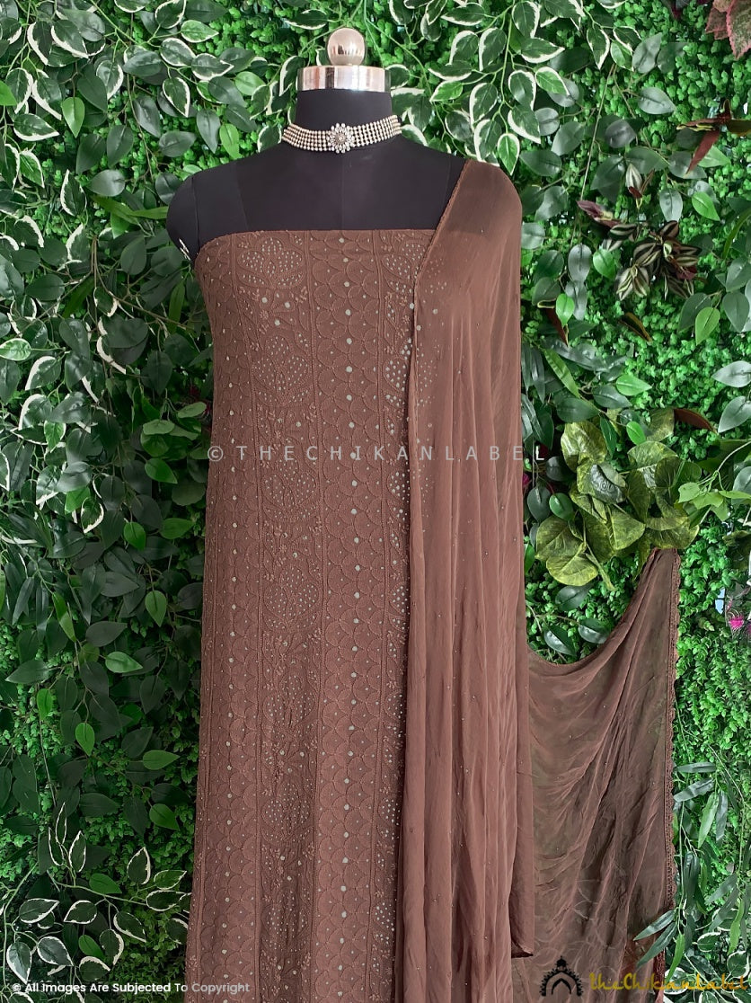 “Premium viscose chikankari kurta fabric with dupatta showcasing traditional floral and paisley embroidery”