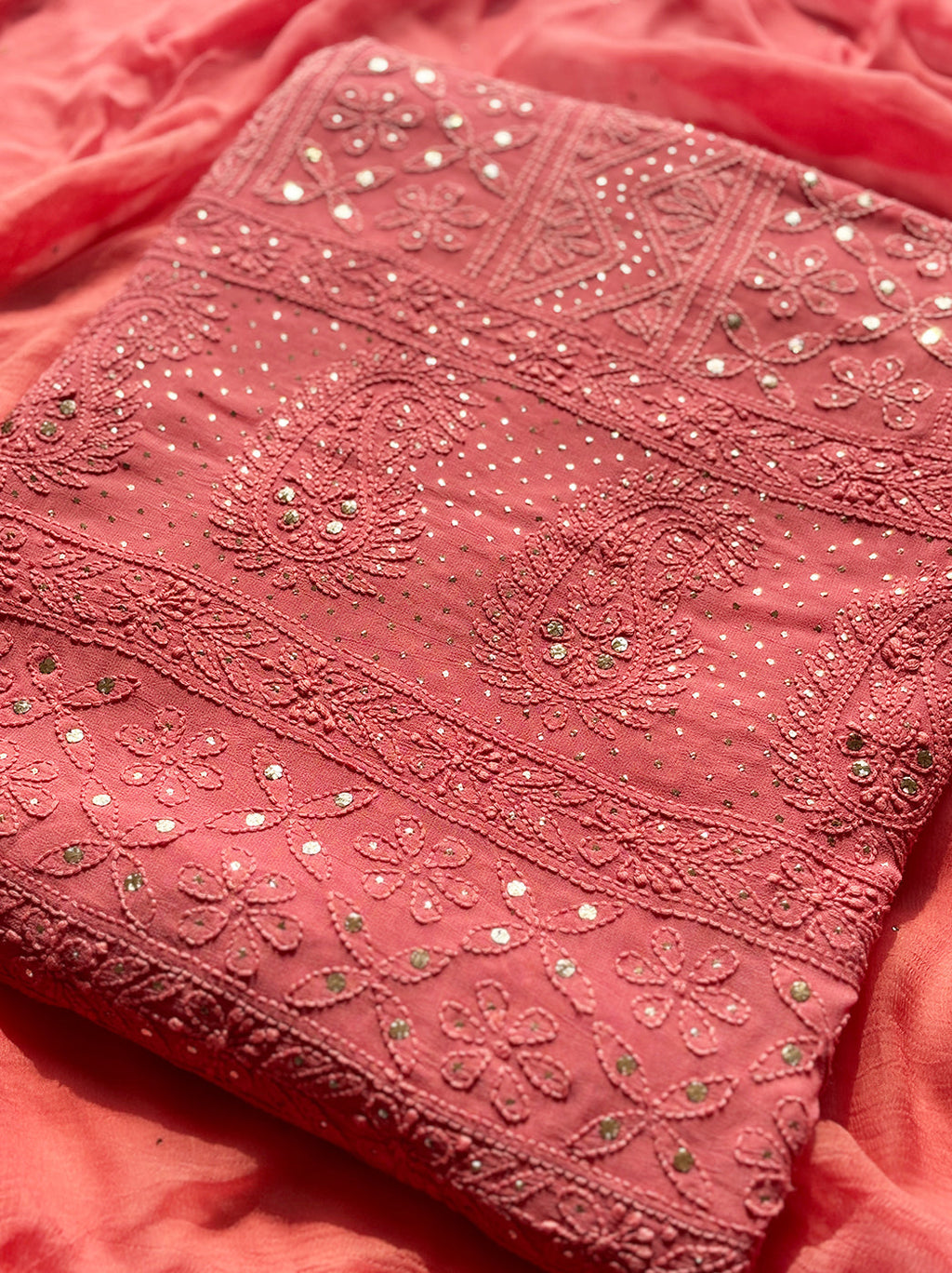 “Premium viscose chikankari kurta fabric with dupatta showcasing traditional floral and paisley embroidery”