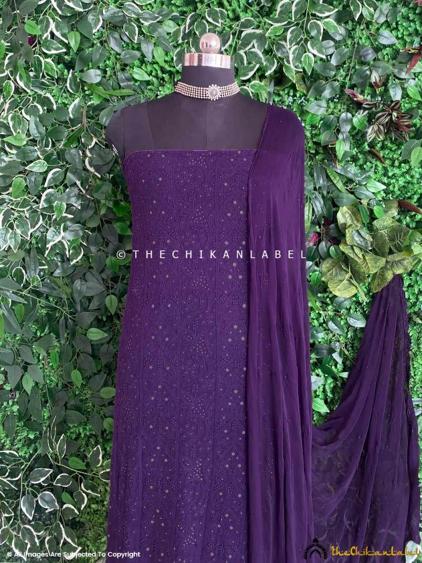 “Premium viscose chikankari kurta fabric with dupatta showcasing traditional floral and paisley embroidery”