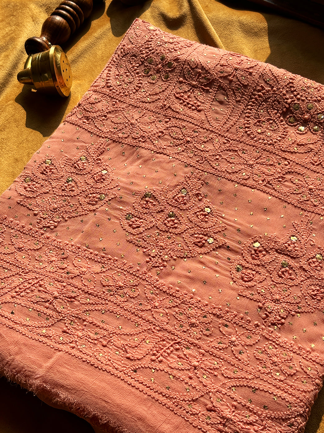 Detailed hand embroidery and mirror work on viscose chikankari kurti fabric with dupatta