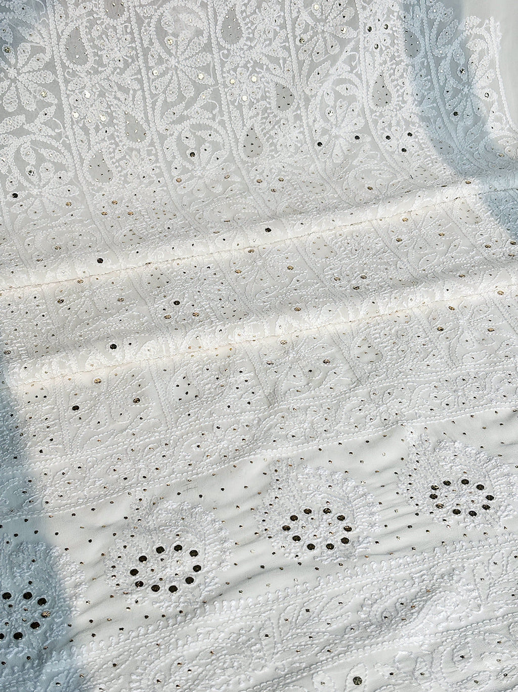 Unstitched viscose chikankari kurta fabric set with dupatta featuring mirror work and intricate hand embroidery