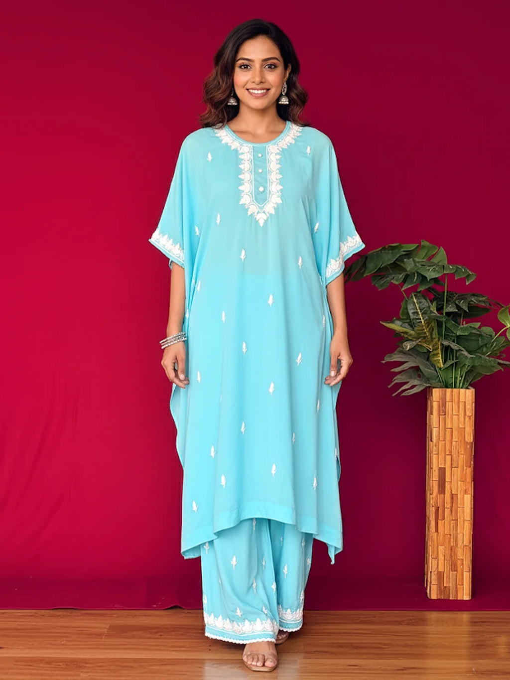 Sky Blue Adda Modal Chikankari Kaftan Kurta Set