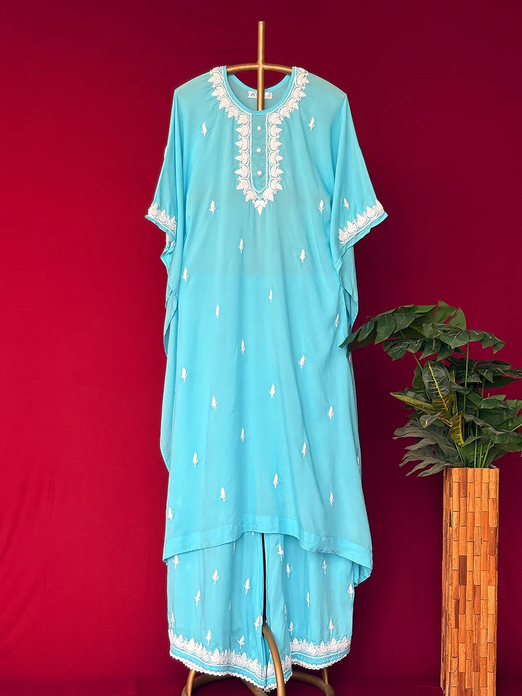 Sky Blue Adda Modal Chikankari Kaftan Kurta Set