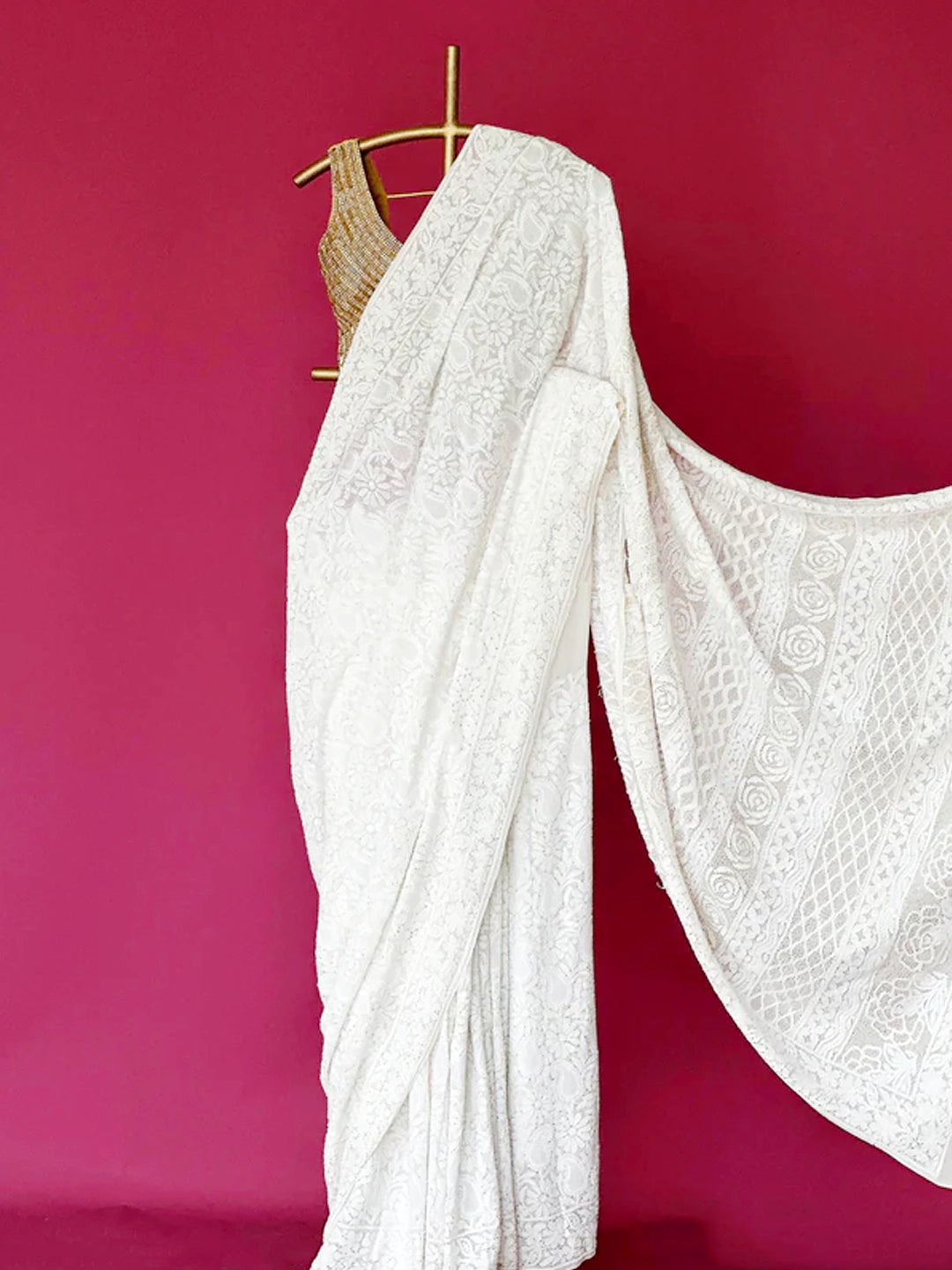 White Smitakshi Pure Georgette Chikankari Saree with All Over Mukaish Work