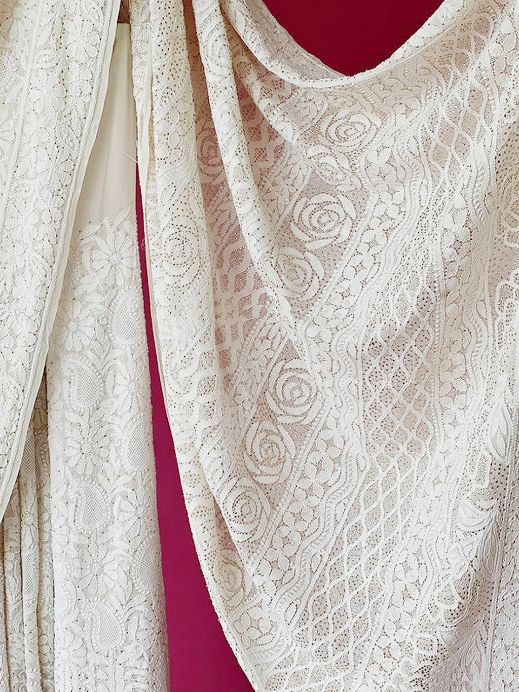 White Smitakshi Pure Georgette Chikankari Saree with All Over Mukaish Work