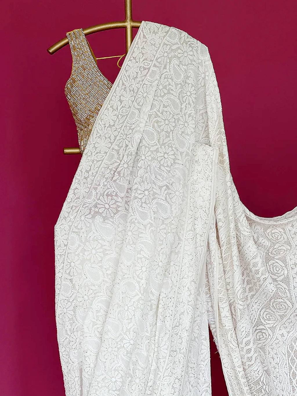 White Smitakshi Pure Georgette Chikankari Saree with All Over Mukaish Work