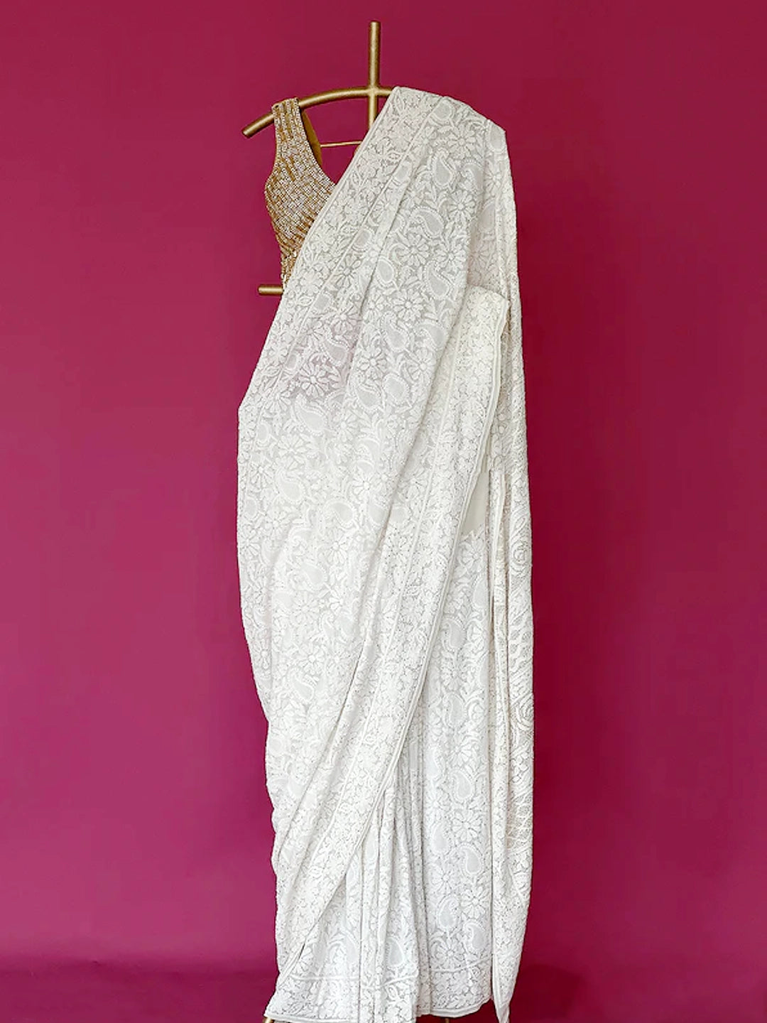 White Smitakshi Pure Georgette Chikankari Saree with All Over Mukaish Work