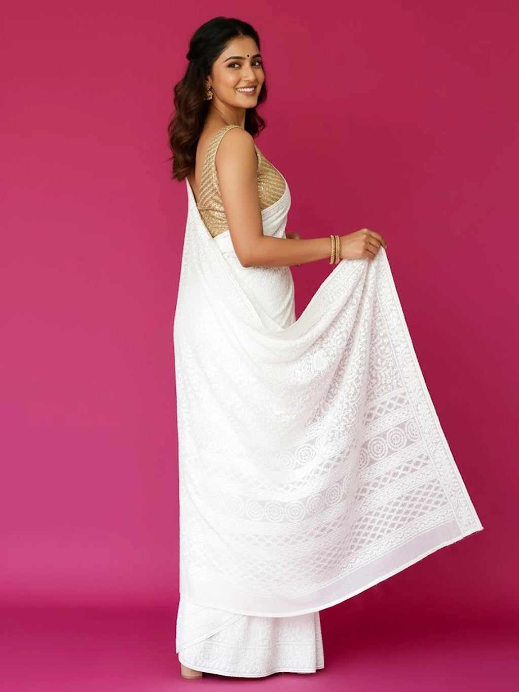 White Smitakshi Pure Georgette Chikankari Saree with All Over Mukaish Work