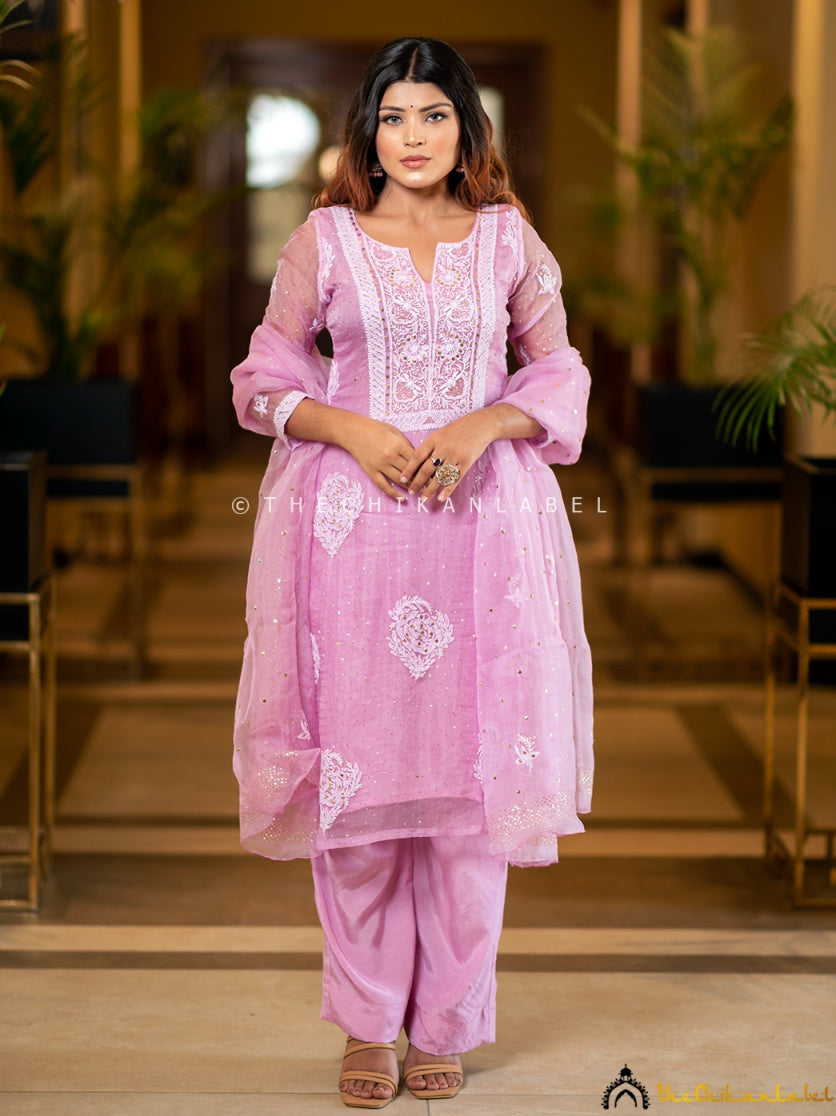 “Festive wear organza stitched kurti set with dupatta and pant showcasing delicate floral chikankari embroidery”