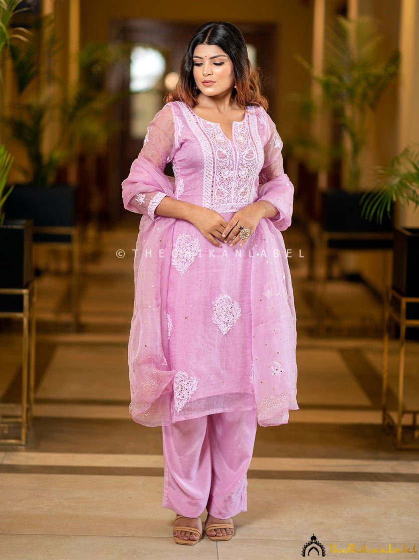 “Ready-to-wear stitched chikankari kurti set in organza fabric styled with matching dupatta and pant”
