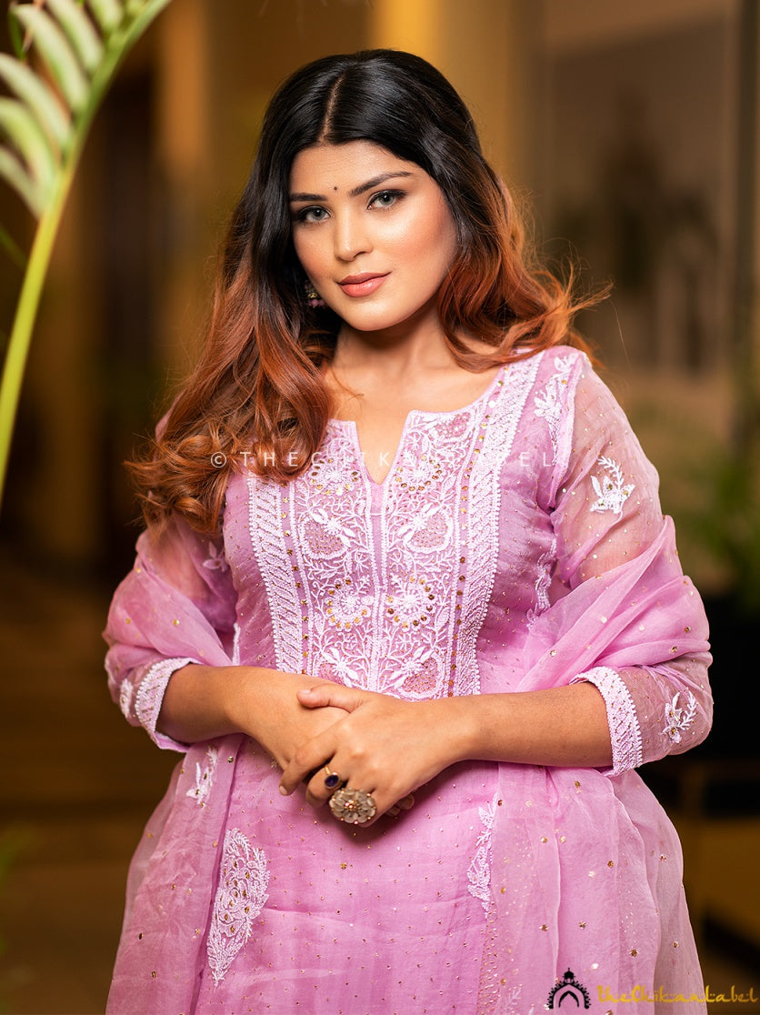 “Straight cut organza chikankari kurti stitched set with embroidered dupatta and coordinated pant”