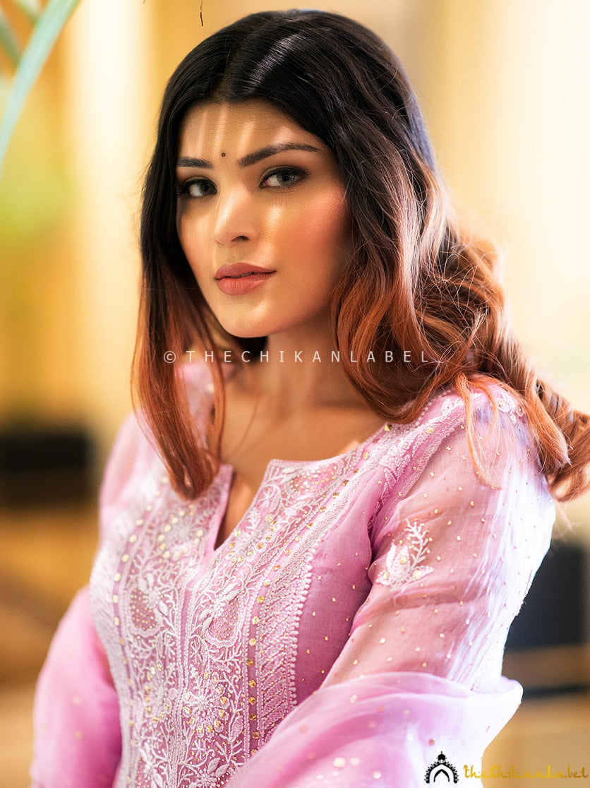 “Luxury organza fabric stitched chikankari kurti set with dupatta and pant for weddings and parties”