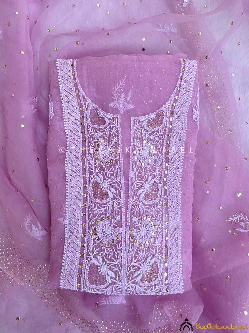 “Traditional Lucknowi chikankari embroidery on organza stitched kurti set with dupatta and pant”