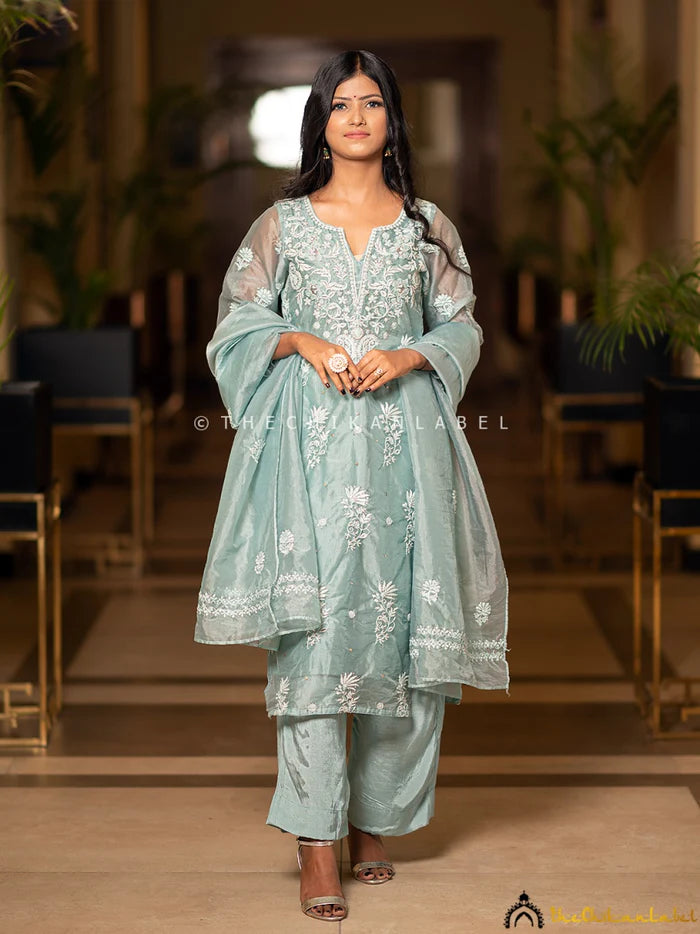 Tahilya Pure Organza Chikankari Kurta Set - Teal Green