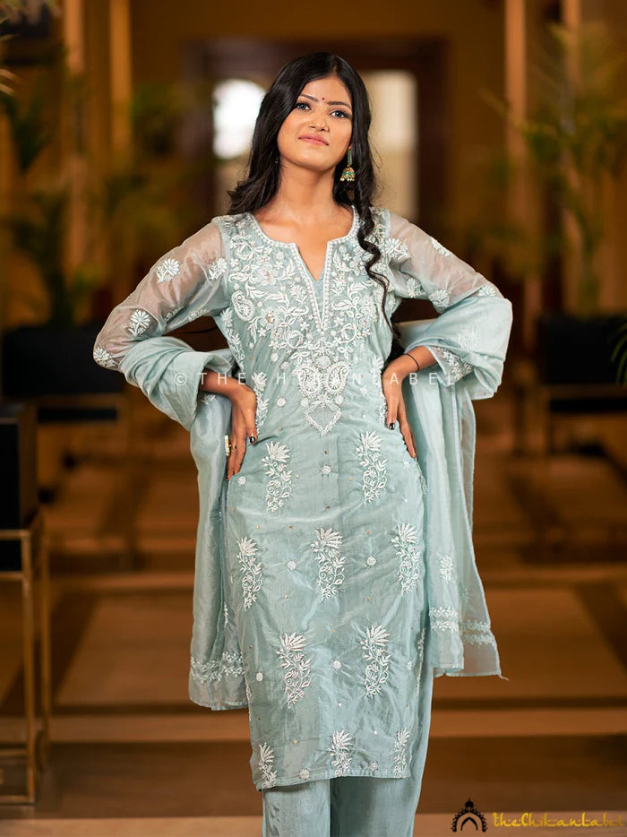 Tahilya Chikankari Kurta Set - Teal Green