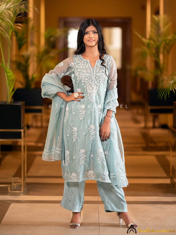 Tahilya Chikankari Kurta Set - Teal Green