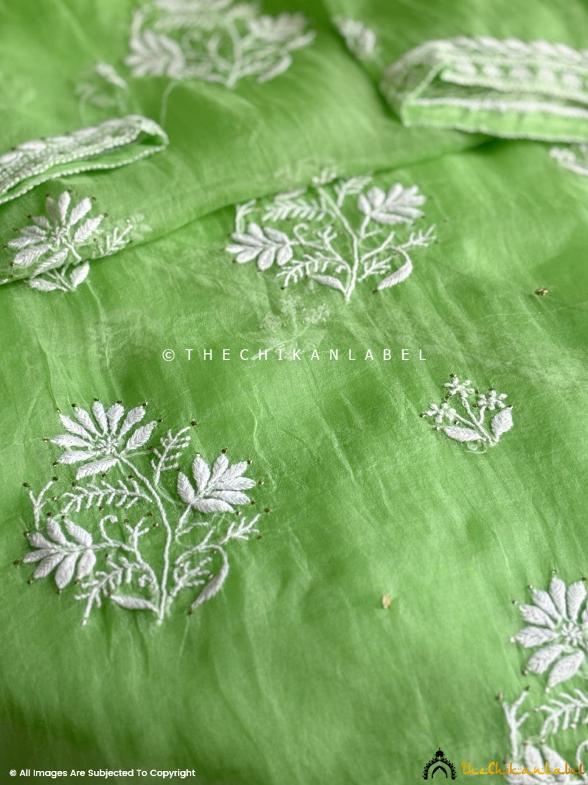 “Unfinished semi-stitched organza chikankari kurta piece with dupatta featuring artisan embroidery work”