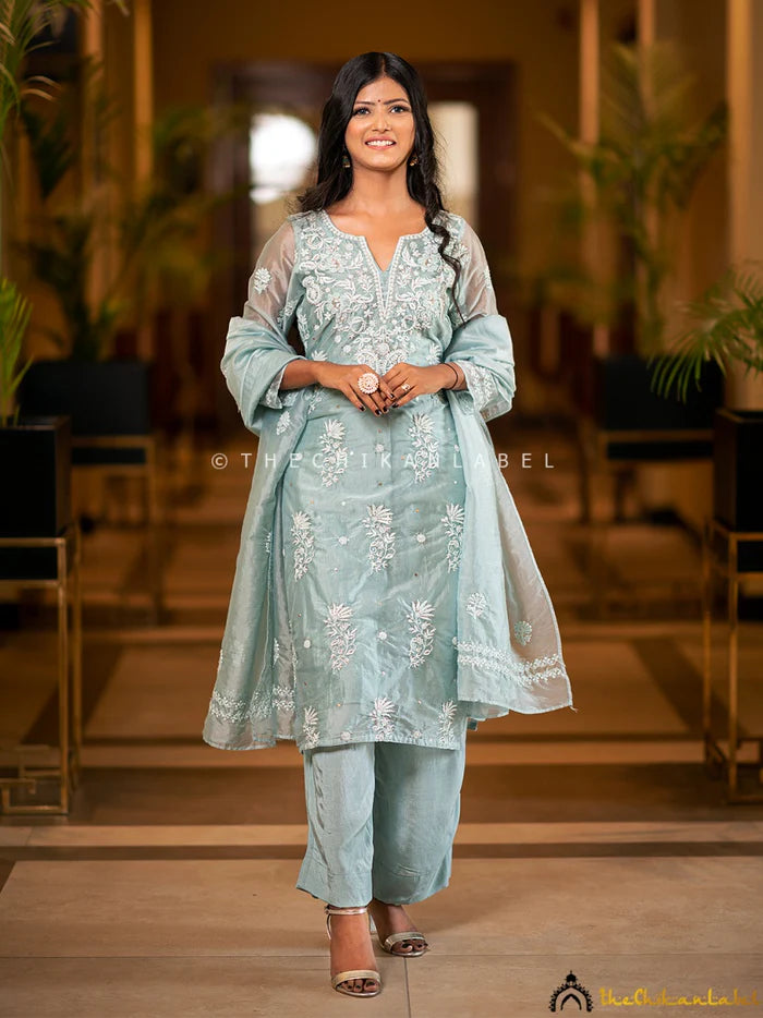 Tahilya Chikankari Kurta Set - Teal Green
