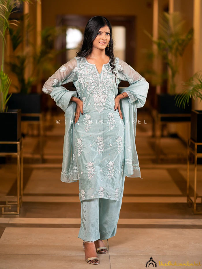 Tahilya Chikankari Kurta Set - Teal Green