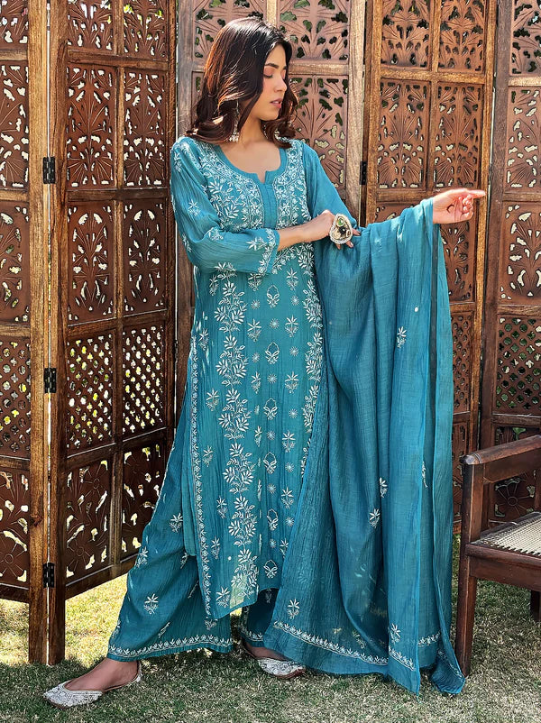 Eshika Chikankari Kurta Set - Teal
