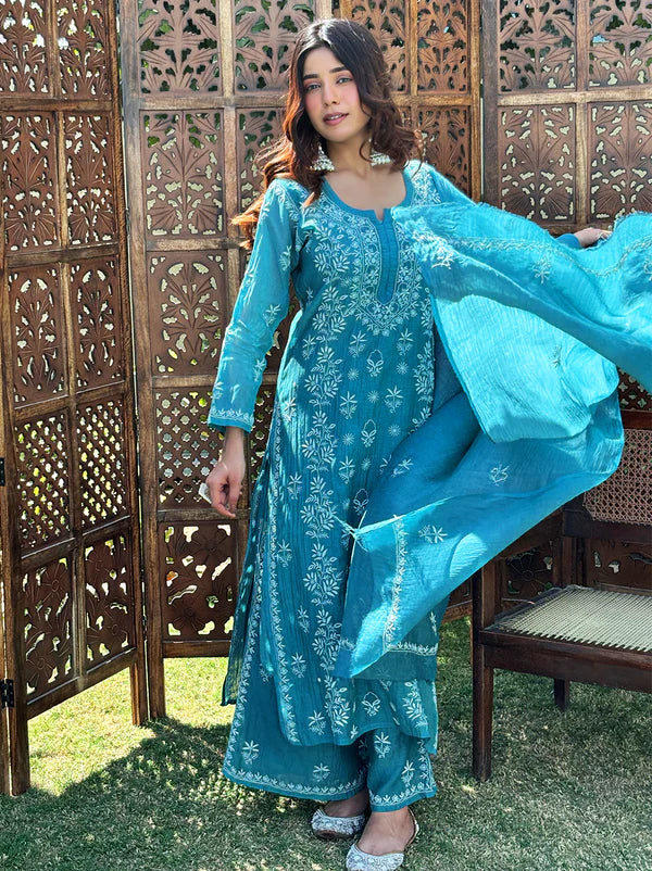 Eshika Chikankari Kurta Set - Teal