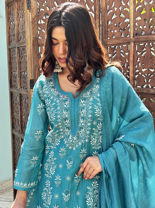 Eshika Chikankari Kurta Set - Teal