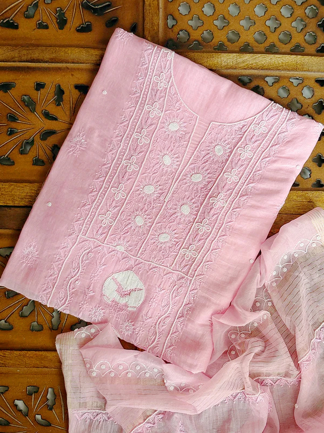 Baby Pink Tia Mul Chanderi Chikankari Un-stitched Kurti Piece with Dupatta