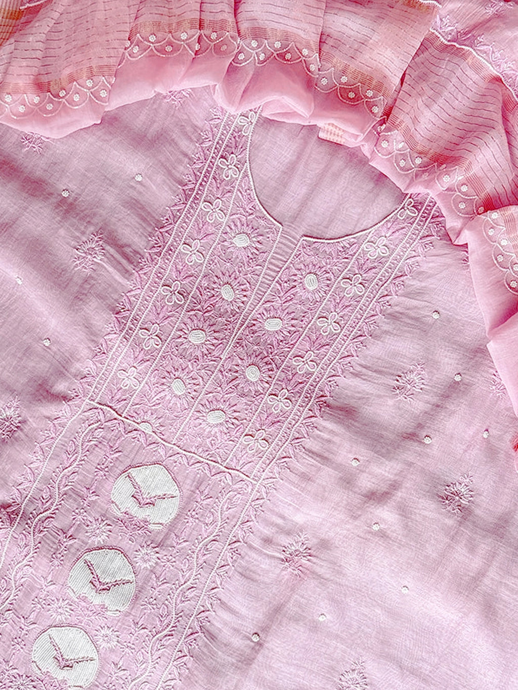 Baby Pink Tia Mul Chanderi Chikankari Un-stitched Kurti Piece with Dupatta