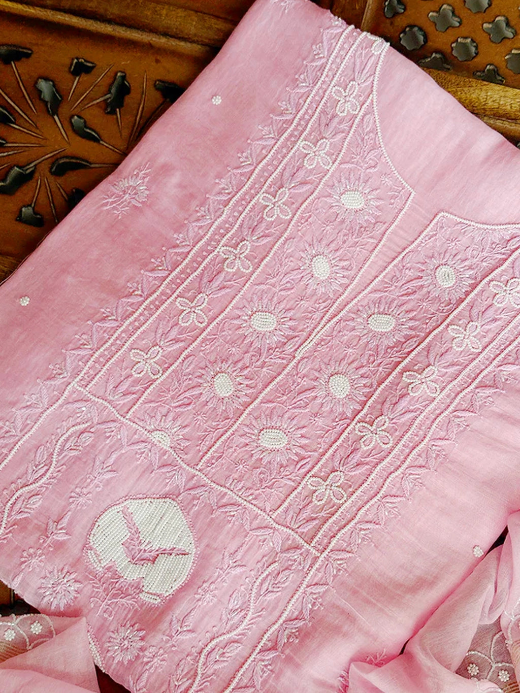 Baby Pink Tia Mul Chanderi Chikankari Un-stitched Kurti Piece with Dupatta
