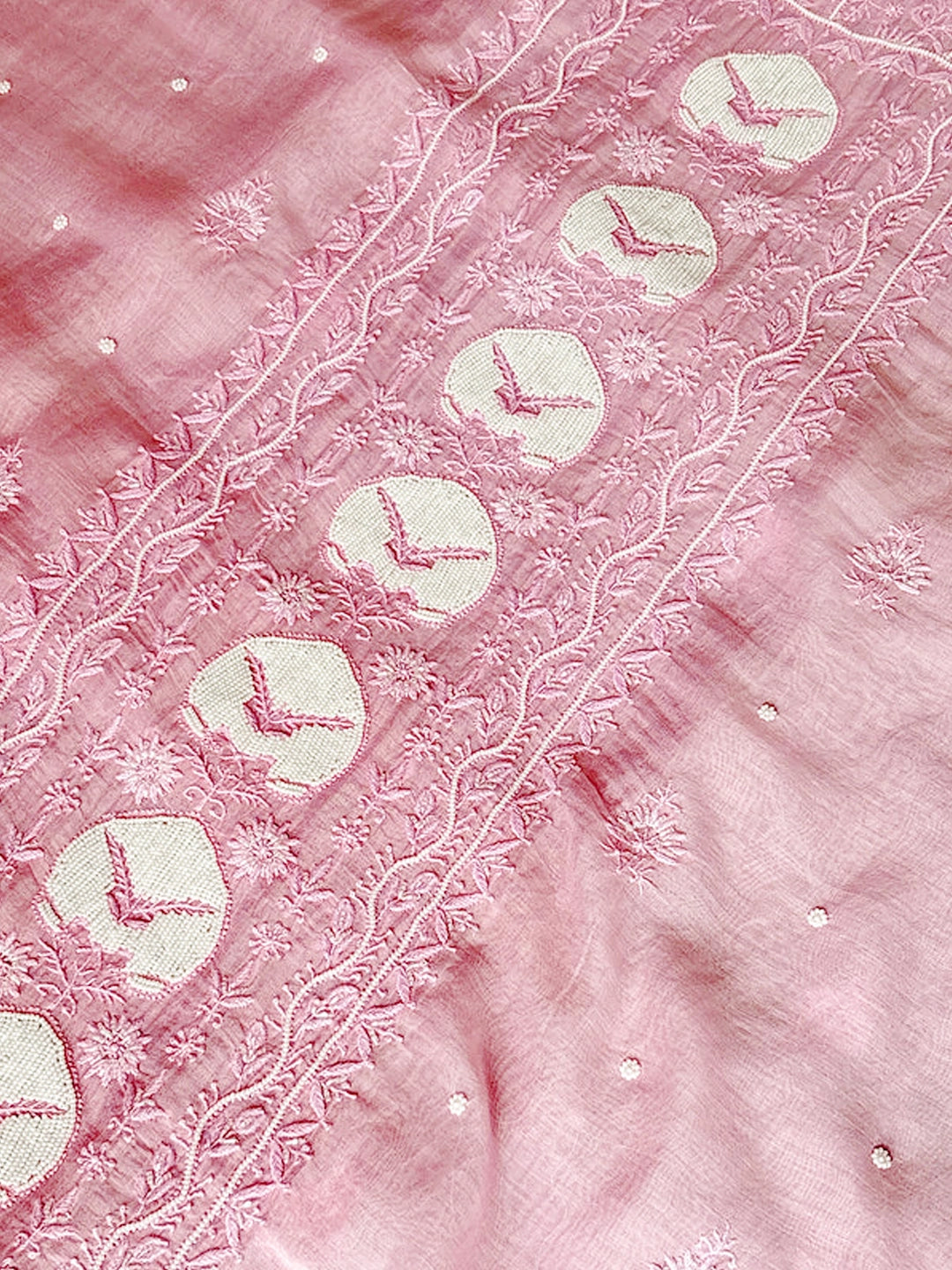 Baby Pink Tia Mul Chanderi Chikankari Un-stitched Kurti Piece with Dupatta
