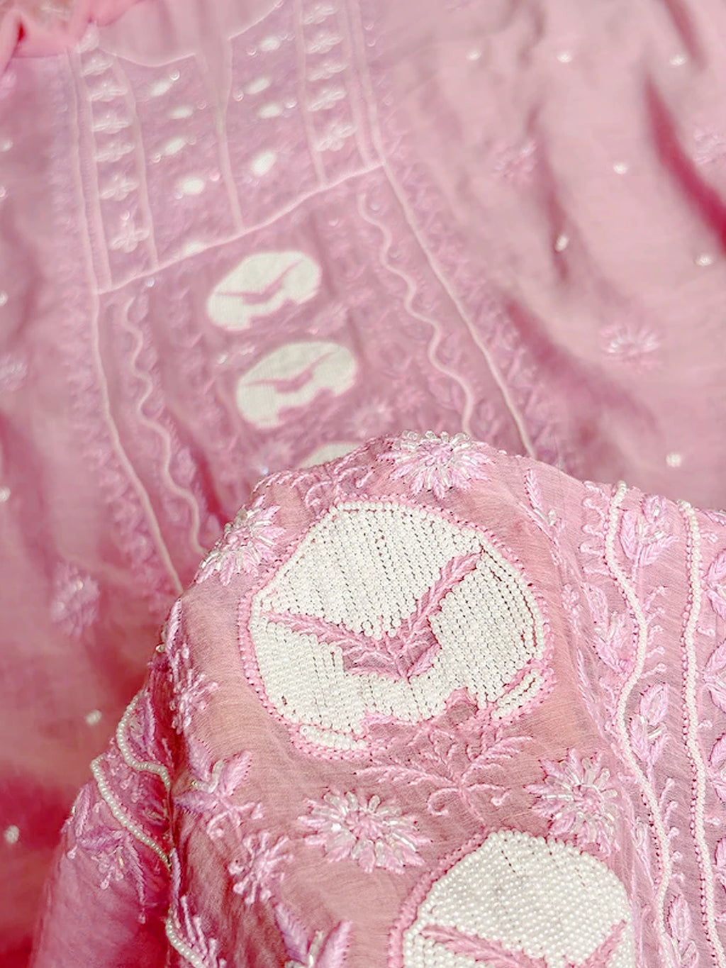 Baby Pink Tia Mul Chanderi Chikankari Un-stitched Kurti Piece with Dupatta