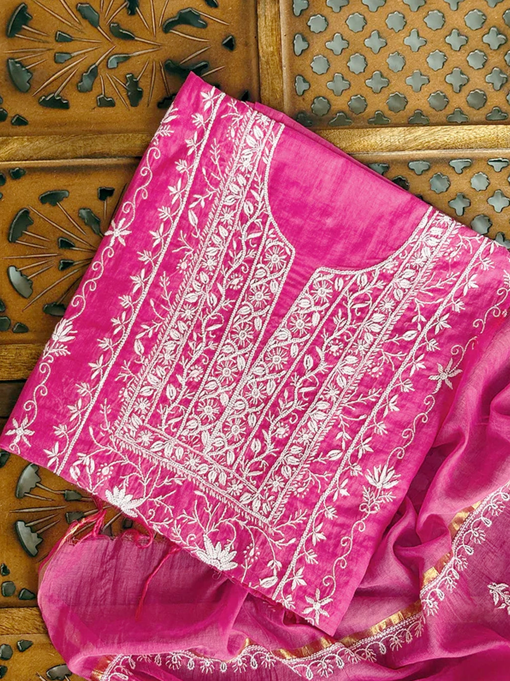 Pink Tia Mul Chanderi Chikankari Un-stitched Kurti Piece with Dupatta