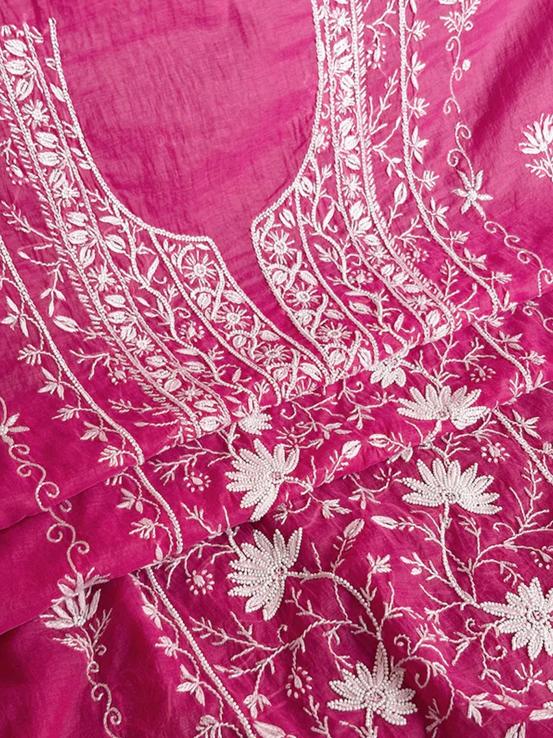 Pink Tia Mul Chanderi Chikankari Un-stitched Kurti Piece with Dupatta