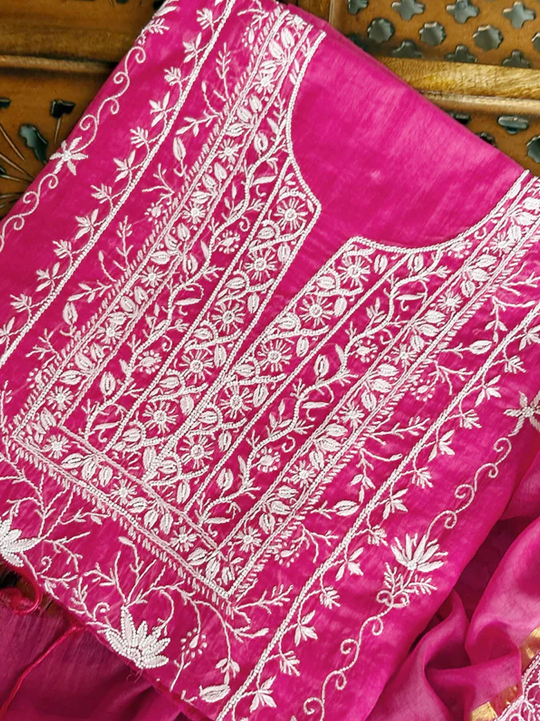 Pink Tia Mul Chanderi Chikankari Un-stitched Kurti Piece with Dupatta