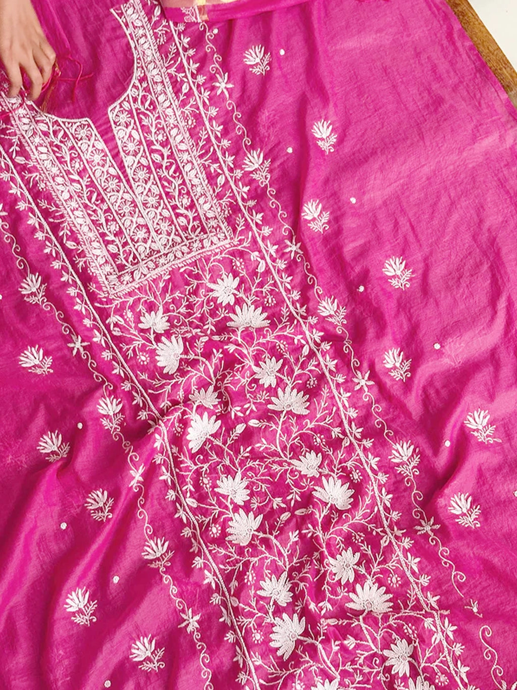Pink Tia Mul Chanderi Chikankari Un-stitched Kurti Piece with Dupatta