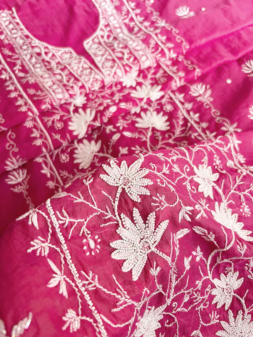 Pink Tia Mul Chanderi Chikankari Un-stitched Kurti Piece with Dupatta