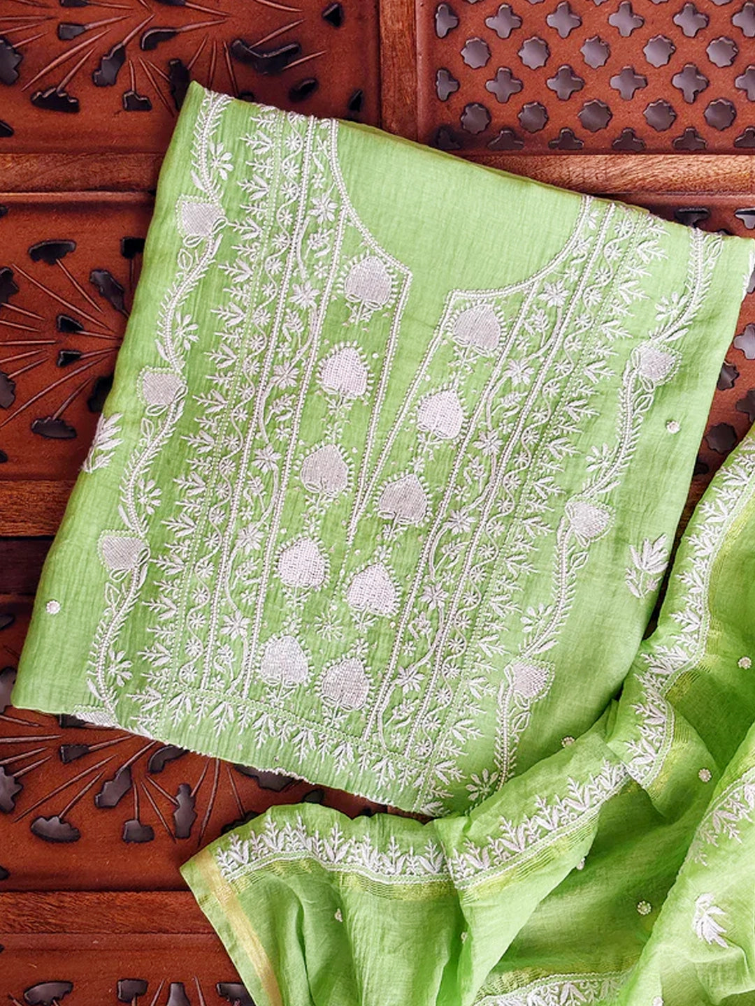Pista Green Tia Mul Chanderi Chikankari Un-stitched Kurti Piece with Dupatta