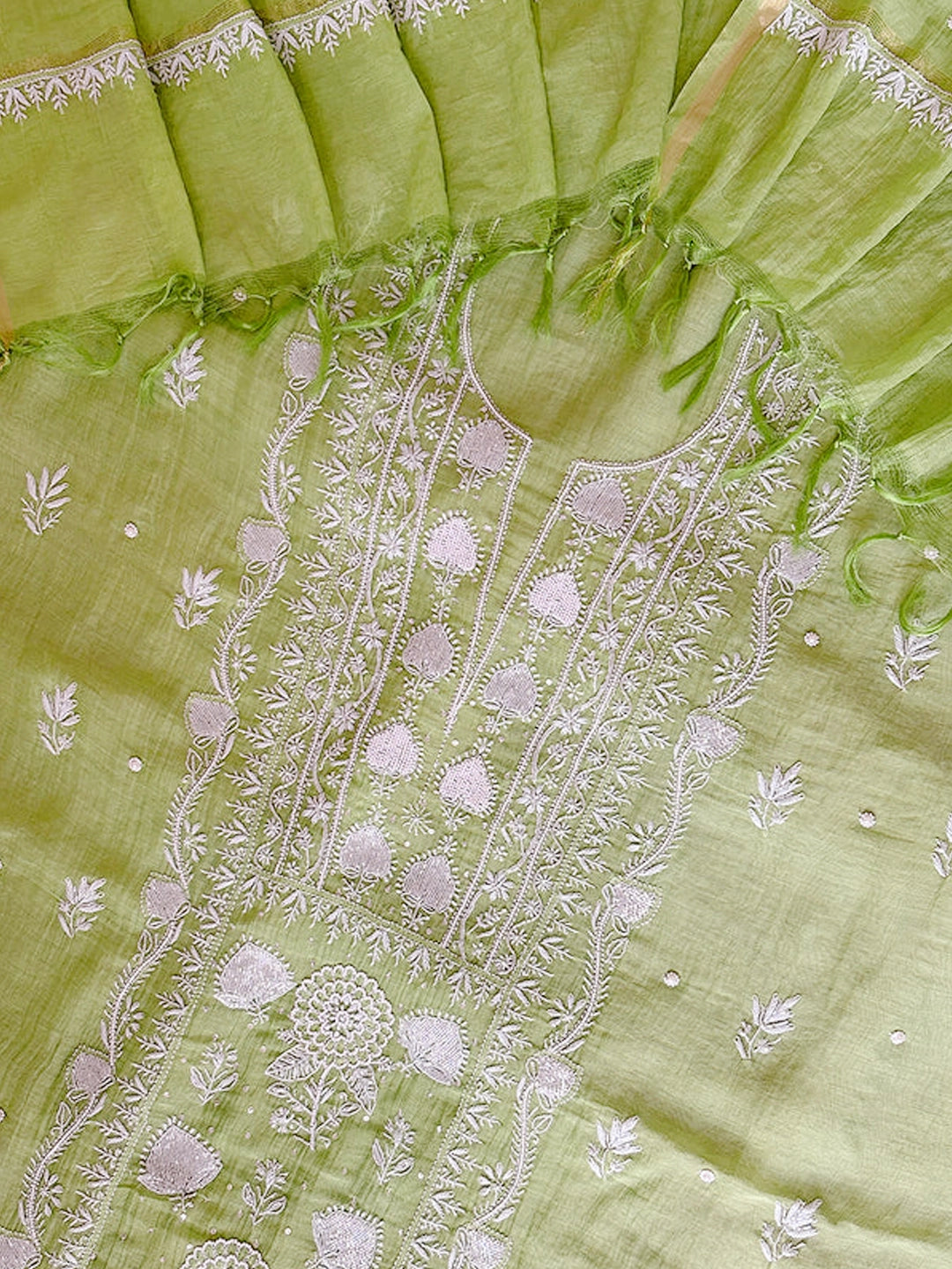 Pista Green Tia Mul Chanderi Chikankari Un-stitched Kurti Piece with Dupatta