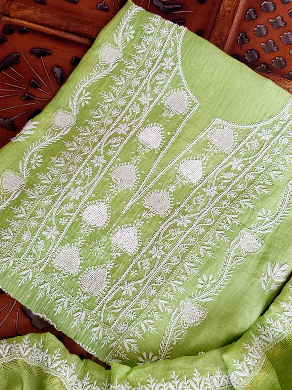 Pista Green Tia Mul Chanderi Chikankari Un-stitched Kurti Piece with Dupatta