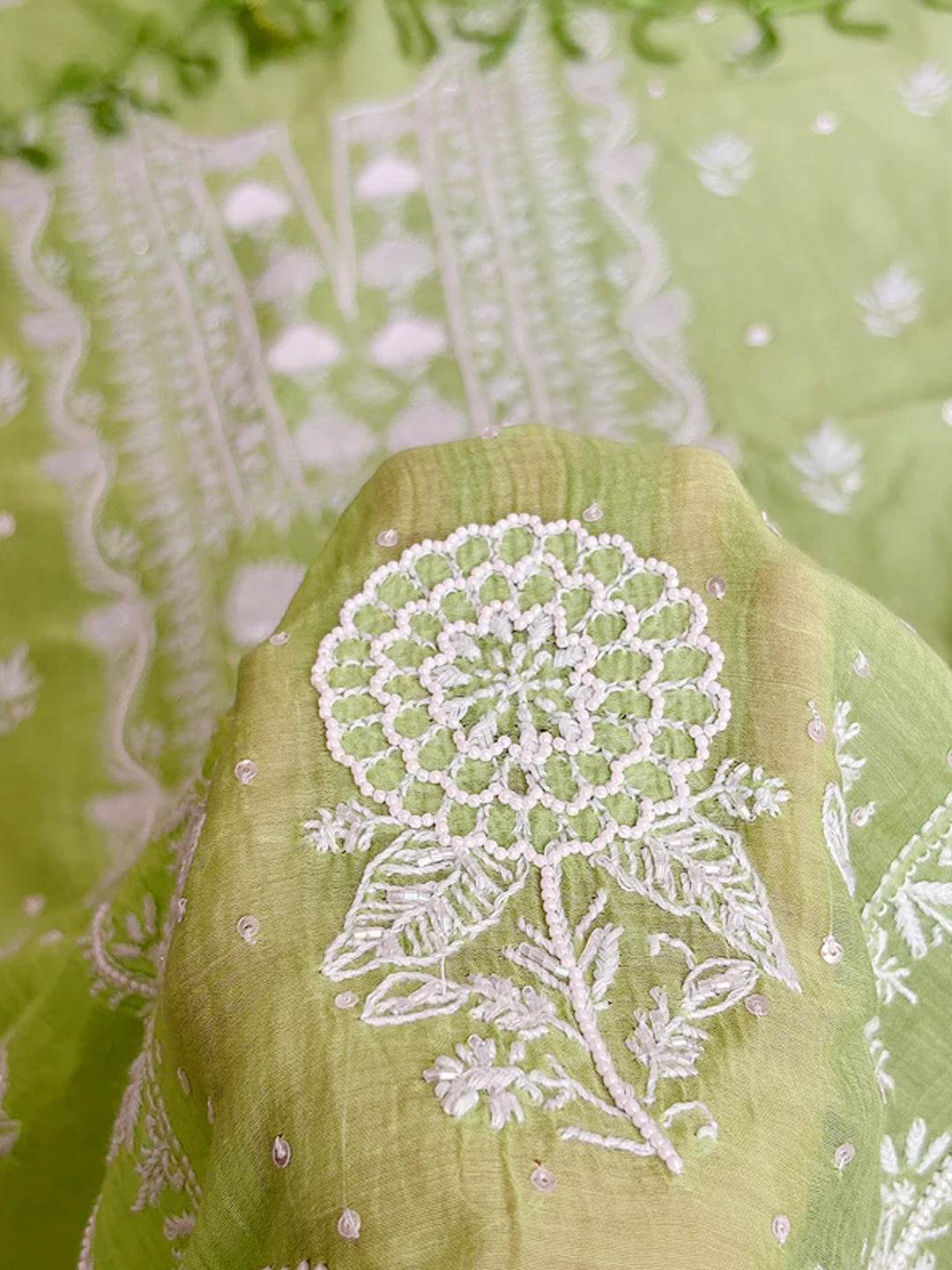 Pista Green Tia Mul Chanderi Chikankari Un-stitched Kurti Piece with Dupatta
