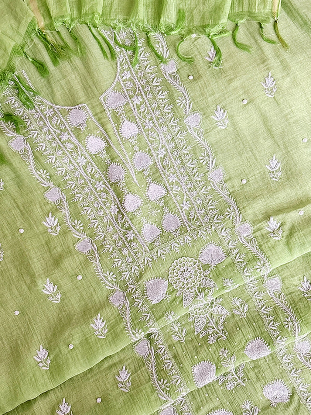 Pista Green Tia Mul Chanderi Chikankari Un-stitched Kurti Piece with Dupatta