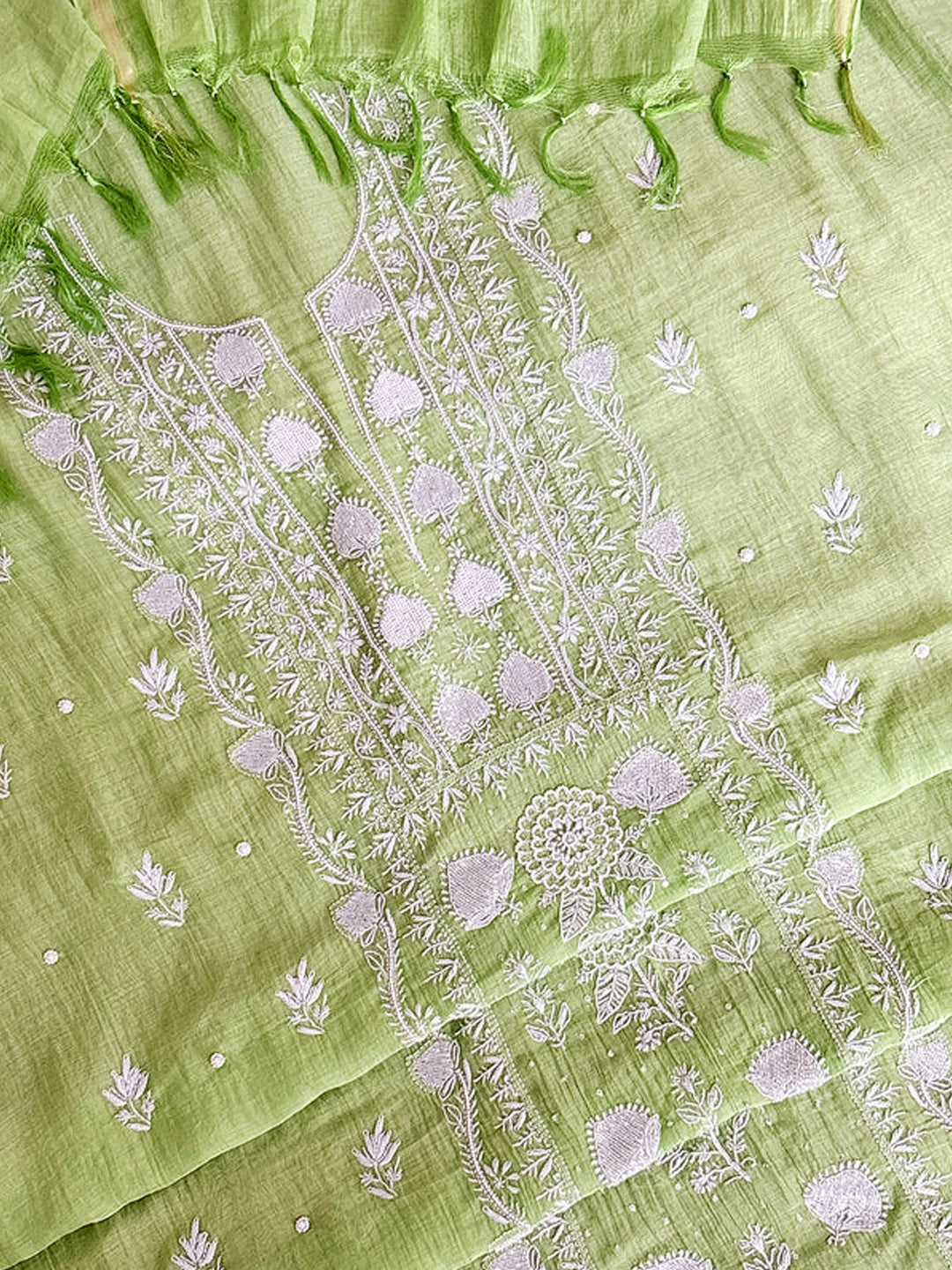 Pista Green Tia Mul Chanderi Chikankari Un-stitched Kurti Piece with Dupatta