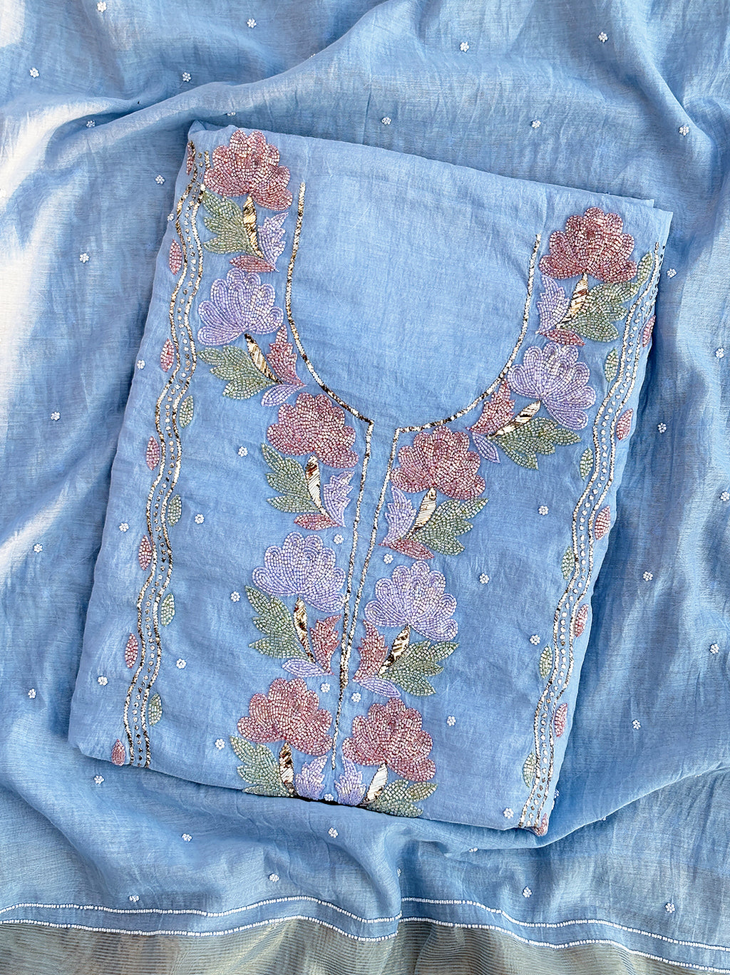 Tiya Mul Chanderi Unstitched Kurti Piece with Dupatta - Blue