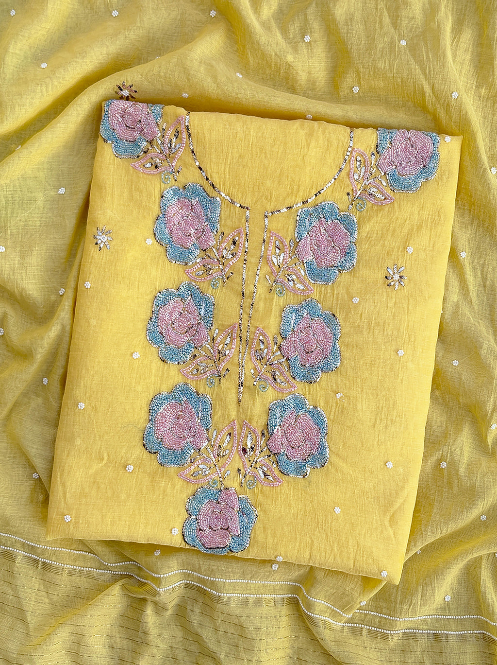 Tiya Mul Chanderi Unstitched Kurti Piece with Dupatta - Yellow