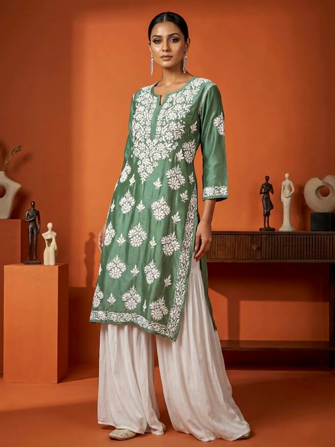 Uzma Chikankari Kurta - Green
